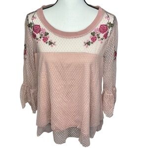 BAKU Floral Embroidered Blouse Dusty Pink Lace Bell Sleeve Partially Sheer Top